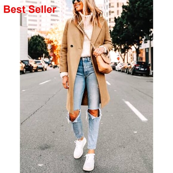 Women's Wool Blend Peacoat, Notch Lapel, Knee Length, Slim Fit, Winter Coat - Picture 2 of 7